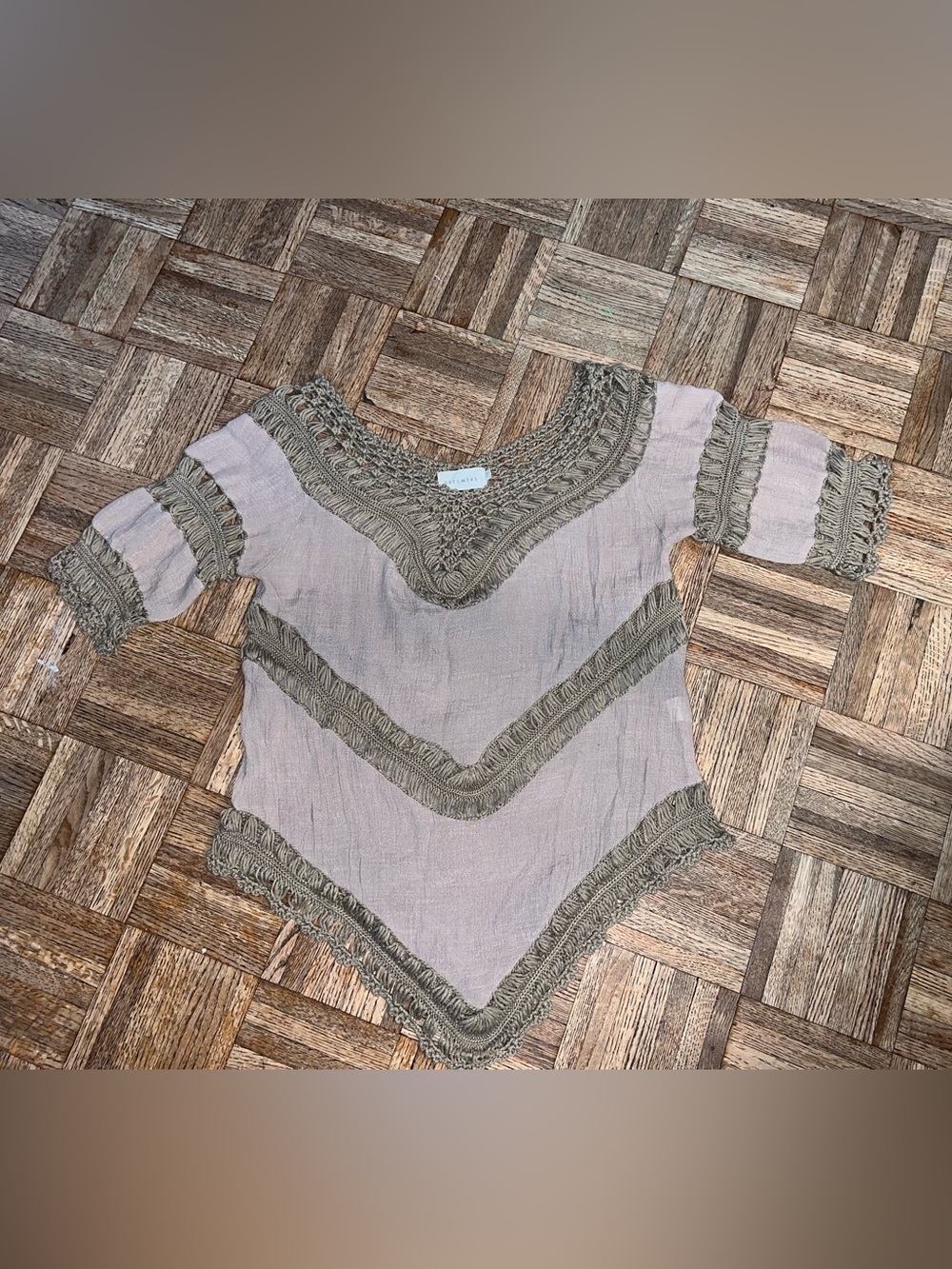 Dreamers Boho Fringe Crochet V-Neck Taupe with Olive Trim Swimsuit Cover